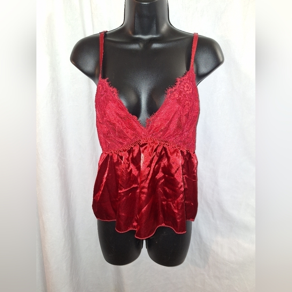 Red Satin Chemise with Lace Detailing